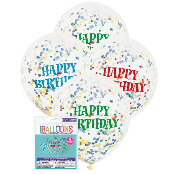 "Happy Birthday" Clear Balloons With Bright Confetti Balloons 30cm (Pack of 6) - The Party Marketplace