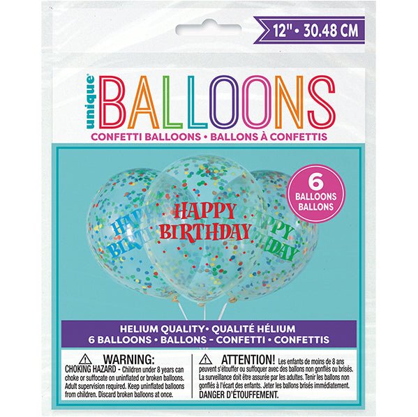 "Happy Birthday" Clear Balloons With Bright Confetti Balloons 30cm (Pack of 6) - The Party Marketplace