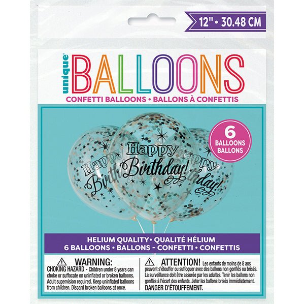 "Happy Birthday" Clear & Black Balloons With Silver, Gold & Black Confetti Balloons 30cm (Pack of 6) - The Party Marketplace
