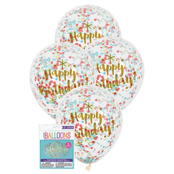 "Happy Birthday" Clear & Gold Balloons With Multi Coloured Confetti Balloons 30cm (Pack of 6) - The Party Marketplace