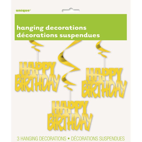 "Happy Birthday" Foil Hanging Swirl Decorations - Gold (Pack of 3) - The Party Marketplace