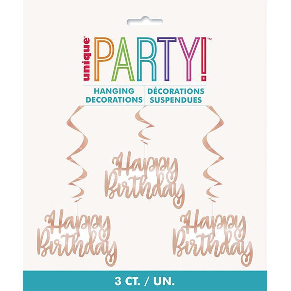 "Happy Birthday" Foil Hanging Swirl Decorations - Rose Gold (Pack of 3) - The Party Marketplace