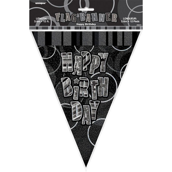 "Happy Birthday" Glitz Black Flag Banner - 3.65m - The Party Marketplace