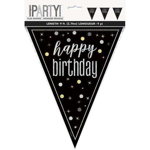 "Happy Birthday" Glitz Black Foil Flag Banner - 2.74m - The Party Marketplace