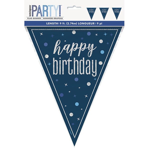 "Happy Birthday" Glitz Blue Foil Flag Banner - 2.74m - The Party Marketplace