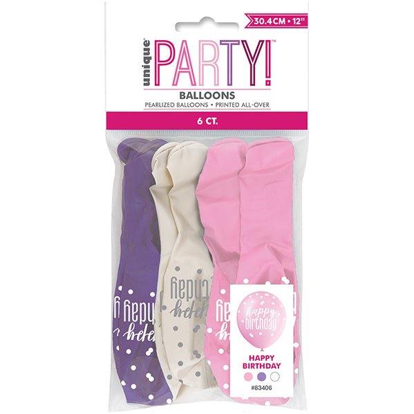 "Happy Birthday" Pink, Purple & White Assorted Balloons 30cm (Pack of 6) - The Party Marketplace