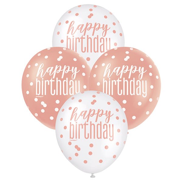 "Happy Birthday" Rose Gold & White Assorted Balloons 30cm (Pack of 6) - The Party Marketplace
