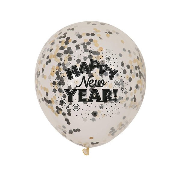 "Happy New Year" Clear Balloons With Silver, Gold & Black Confetti Balloons 30cm (Pack of 6) - The Party Marketplace