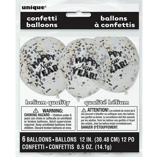 "Happy New Year" Clear Balloons With Silver, Gold & Black Confetti Balloons 30cm (Pack of 6) - The Party Marketplace