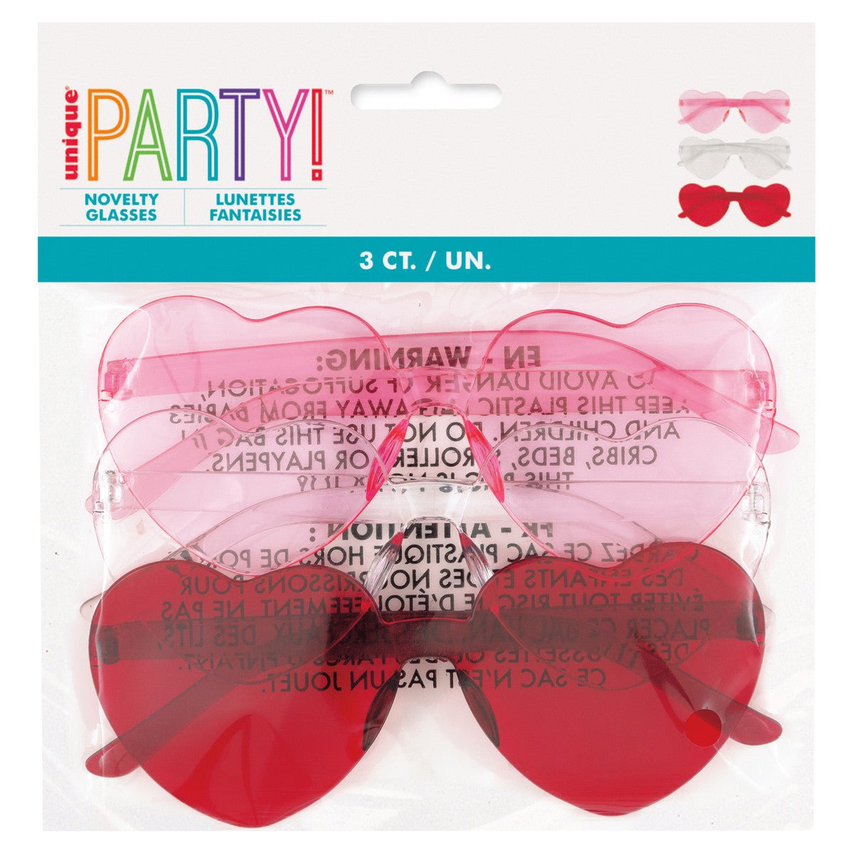 Heart Shaped Novelty Glasses - Pink, Red & Clear (Pack of 3) - The Party Marketplace