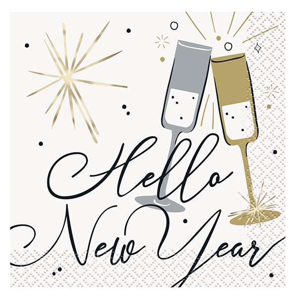 "Hello New Year" Foil Stamped Beverage Napkins (Pack of 16) - The Party Marketplace