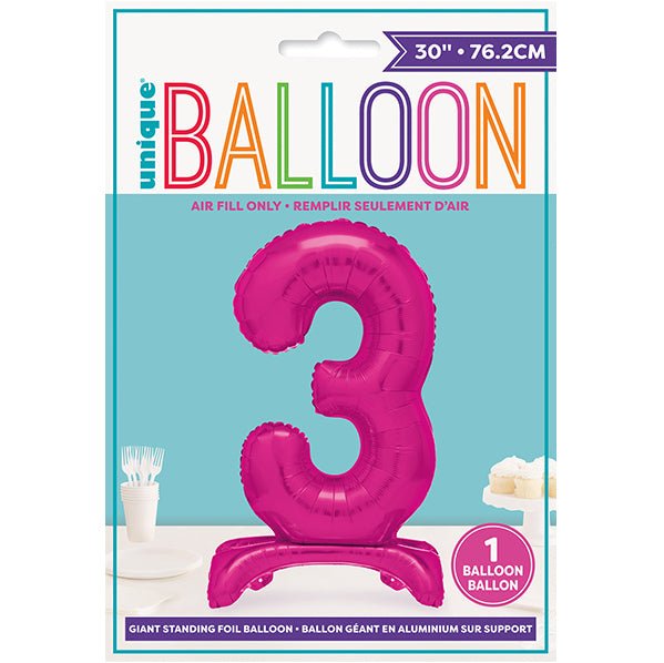 Hot Pink "3" Giant Standing Numeral Foil Balloon (76cm) - The Party Marketplace