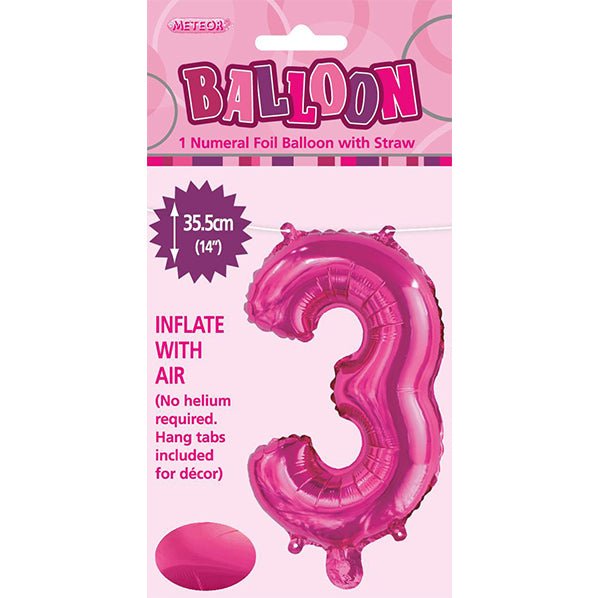 Hot Pink "3" Numeral Foil Balloon (35cm) - The Party Marketplace