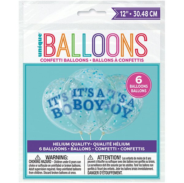 "It's A Boy" Clear Balloons With Blue Confetti Balloons 30cm (Pack of 6) - The Party Marketplace