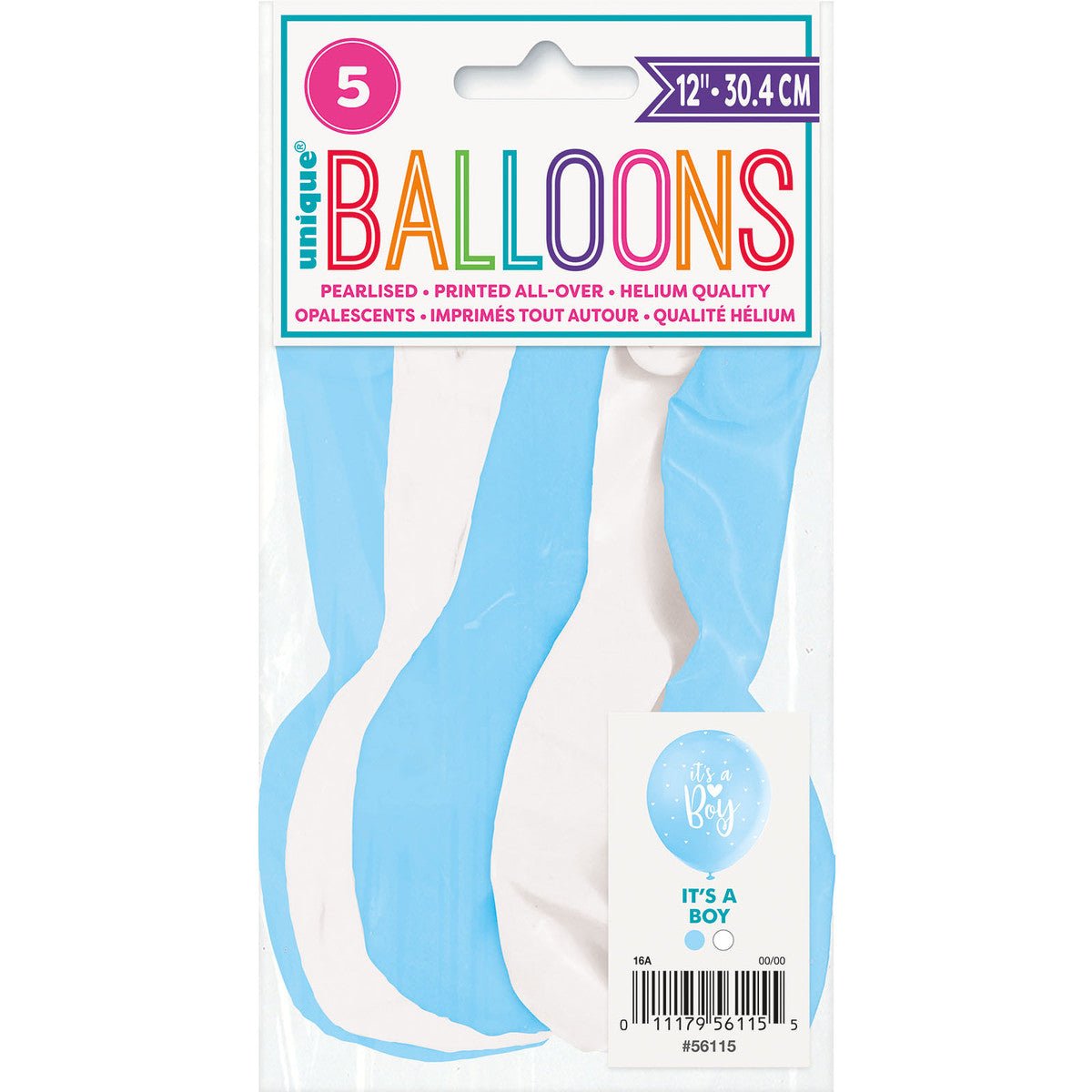 "It's A Boy" Powder Blue & White Pearl Balloons 30cm (Pack of 5) - The Party Marketplace
