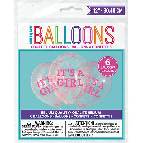 "It's A Girl" Clear Balloons With Pink Confetti Balloons 30cm (Pack of 6) - The Party Marketplace