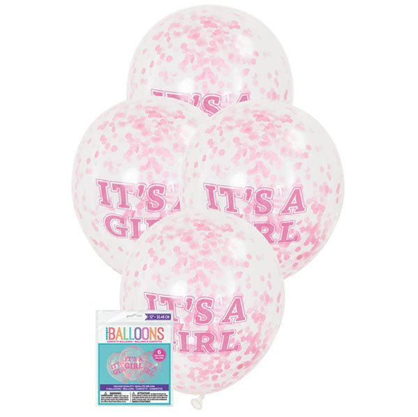 "It's A Girl" Clear Balloons With Pink Confetti Balloons 30cm (Pack of 6) - The Party Marketplace