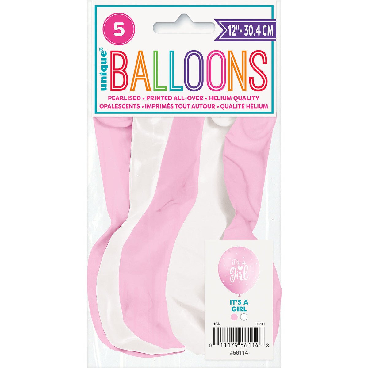"It's A Girl" Lovely Pink & White Pearl Balloons 30cm (Pack of 5) - The Party Marketplace