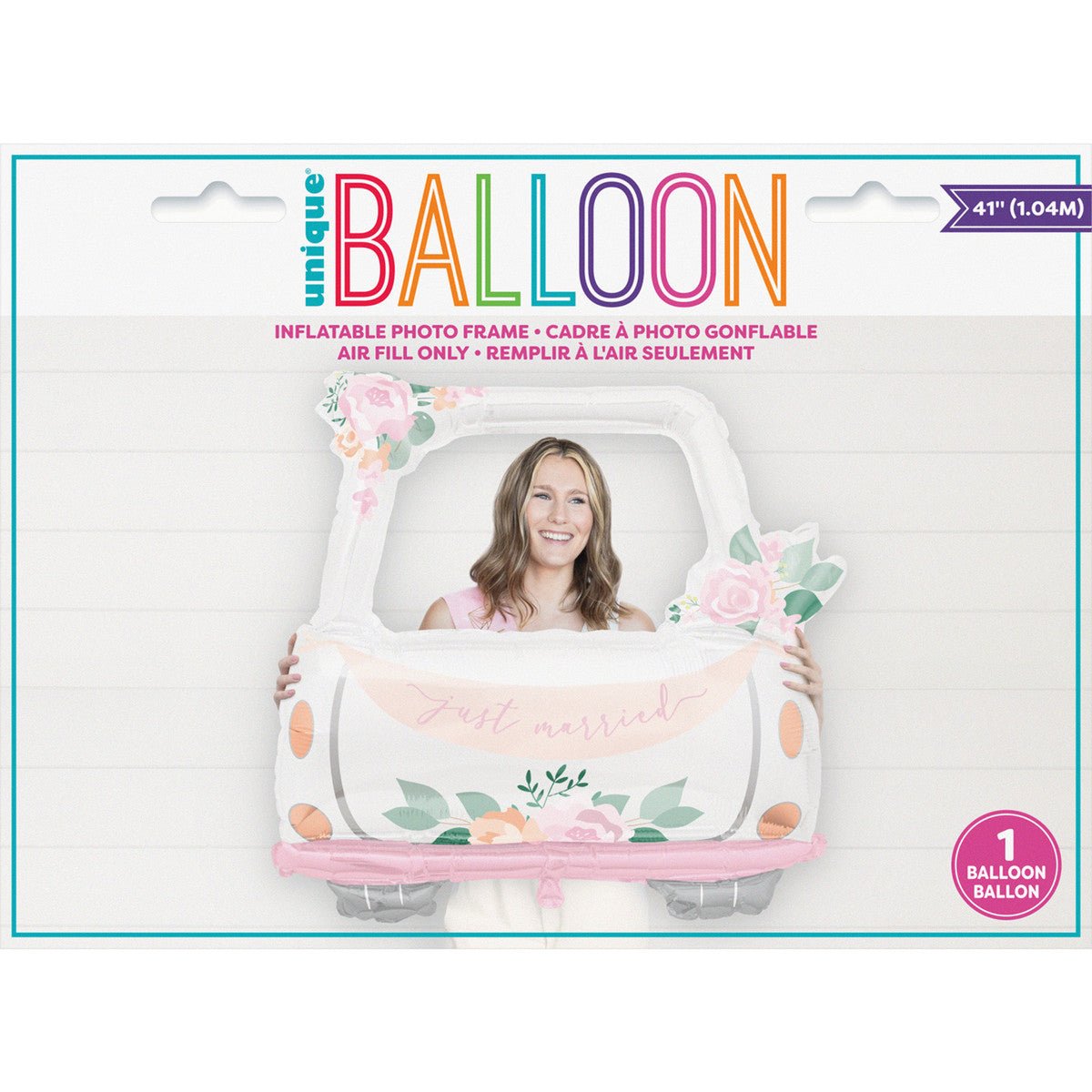 "Just Married" Car Shaped Foil Balloon Photo Frame 1.04m - The Party Marketplace