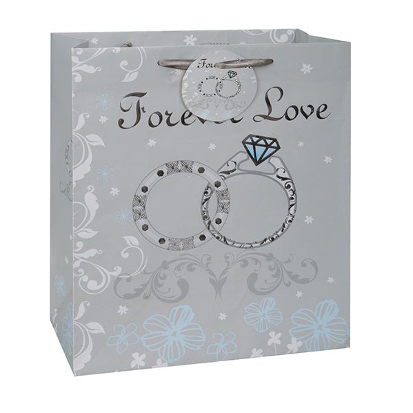Large Gift Bag "Forever Love" Rings - Silver Glossy Foil Accents - The Party Marketplace