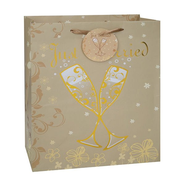 Large Gift Bag "Just Married" - Gold Glossy Foil Accents - The Party Marketplace