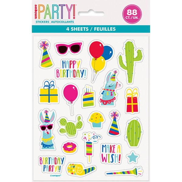 Llama Birthday Stickers (4 sheets) - The Party Marketplace