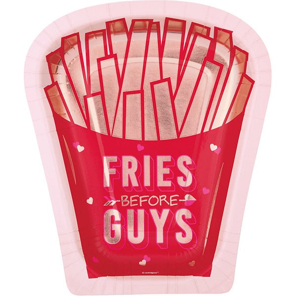 Lovely Galentine "Fries Before Guys" Foil Stamped Fries Shaped Paper Plates 21cm (Pack of 8) - The Party Marketplace