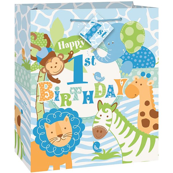 Medium Gift Bag - Blue Safari 1st Birthday - The Party Marketplace