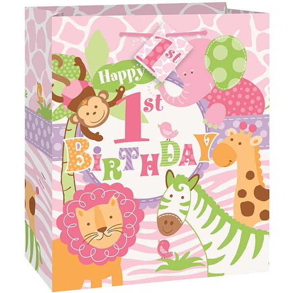 Medium Gift Bag - Pink Safari 1st Birthday - The Party Marketplace
