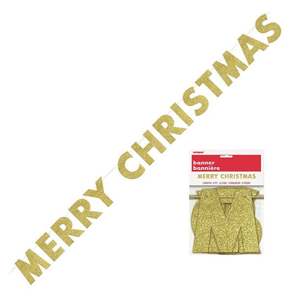 Merry Christmas Gold Glitter Jointed Banner - 2.74m - The Party Marketplace