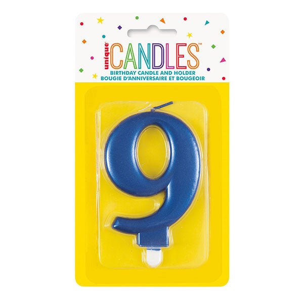 Metallic Blue Numeral Candle - 9 - The Party Marketplace