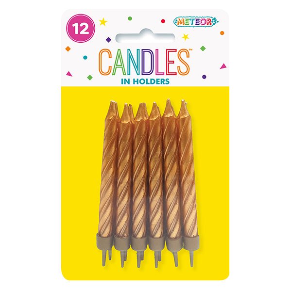Metallic Gold Candles With Holders (Pack of 12) - The Party Marketplace