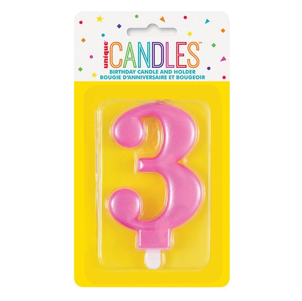 Metallic Pink Numeral Candle - 3 - The Party Marketplace