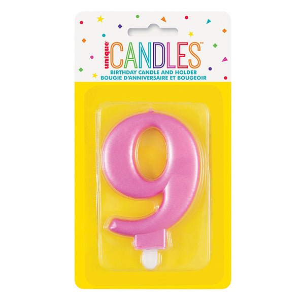 Metallic Pink Numeral Candle - 9 - The Party Marketplace