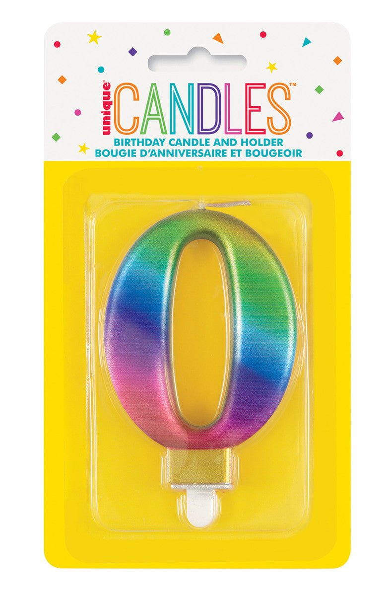 Metallic Rainbow Numeral Candle - 0 - The Party Marketplace