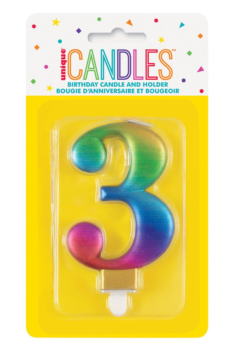 Metallic Rainbow Numeral Candle - 3 - The Party Marketplace