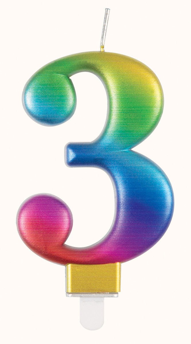 Metallic Rainbow Numeral Candle - 3 - The Party Marketplace