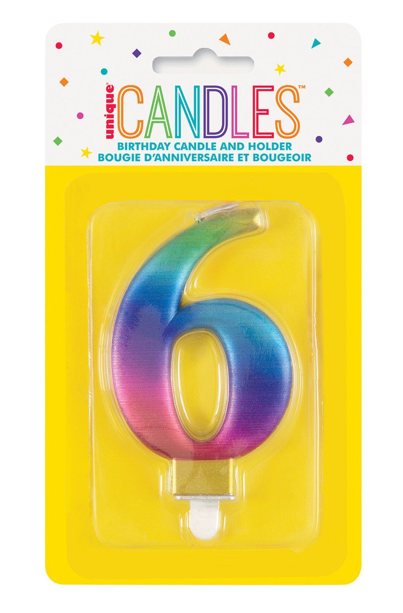 Metallic Rainbow Numeral Candle - 6 - The Party Marketplace