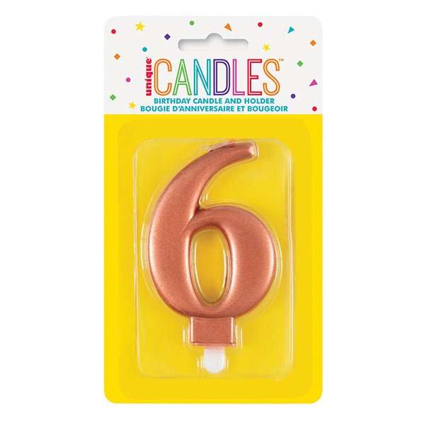 Metallic Rose Gold Numeral Candle - 6 - The Party Marketplace