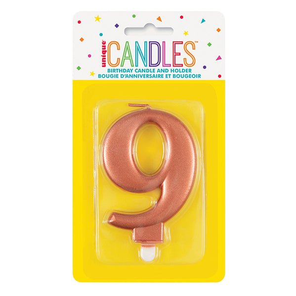 Metallic Rose Gold Numeral Candle - 9 - The Party Marketplace
