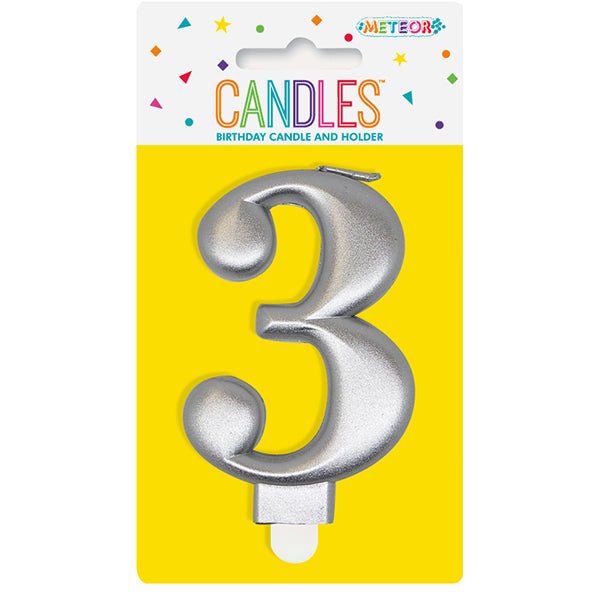 Metallic Silver Numeral Candle - 3 - The Party Marketplace