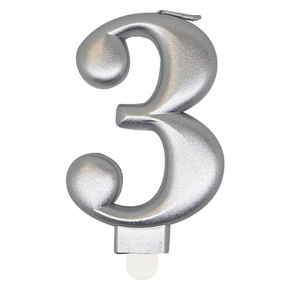 Metallic Silver Numeral Candle - 3 - The Party Marketplace