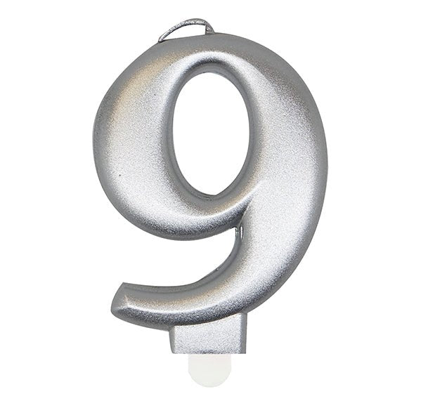 Metallic Silver Numeral Candle - 9 - The Party Marketplace