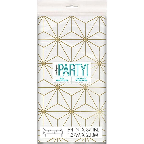 Modern Gold Geometric Printed Foil Tablecover 137cm x 213cm - The Party Marketplace