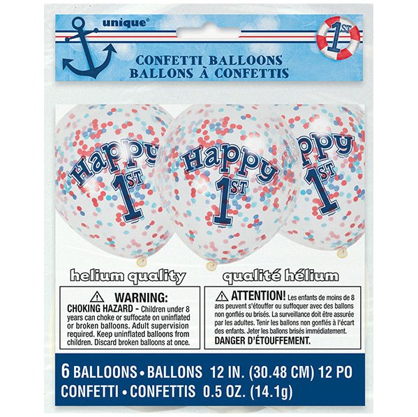 Nautical "1st Birthday" Clear Balloons With Red & Blue Confetti Balloons 30cm (Pack of 6) - The Party Marketplace