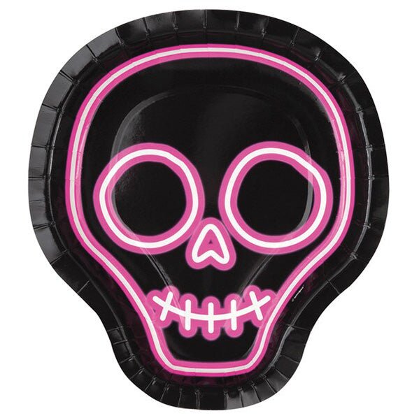 Neon Lights Halloween Skull Shaped Paper Plates 21.5cm (Pack of 8) - The Party Marketplace