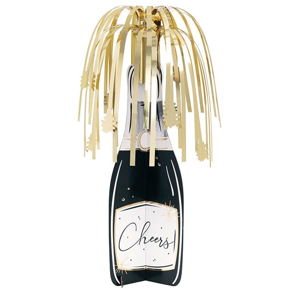 New Year Foil Stamped Champagne Bottle Centrepiece With Foil Fringe 40.6cm - The Party Marketplace