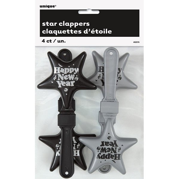 New Year Star Clappers - Black & Silver (Pack of 4) - The Party Marketplace