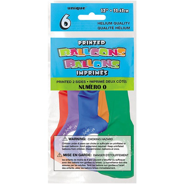 "Number 0" Assorted Colour Balloons 30cm (Pack of 6) - The Party Marketplace