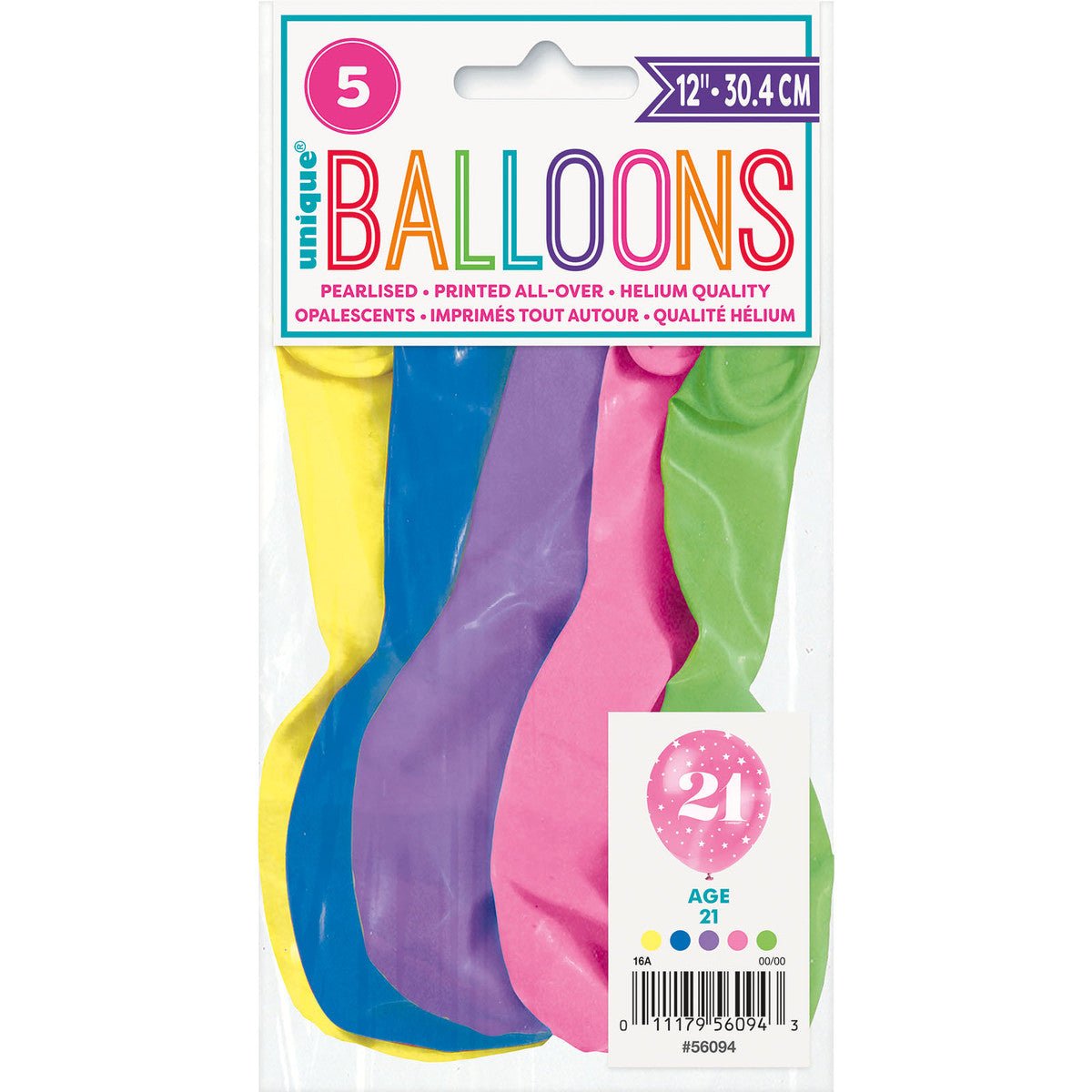 Number "21" Assorted Colour Pearl Balloons 30cm (Pack of 5) - The Party Marketplace
